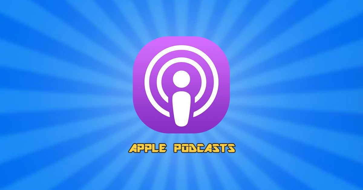 A purple apple podcast icon on a blue background.