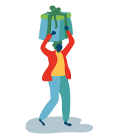 A man is carrying a large gift box on his head.