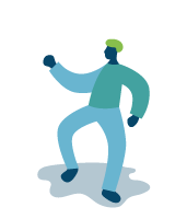 A man in a green hat is dancing on a white background.