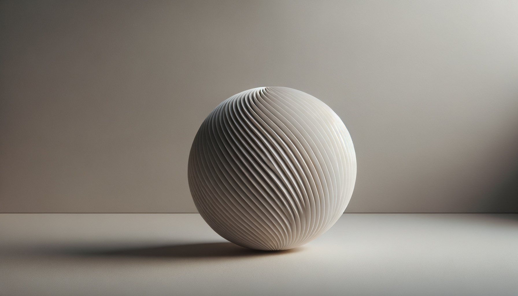 A white sphere is sitting on a white table.