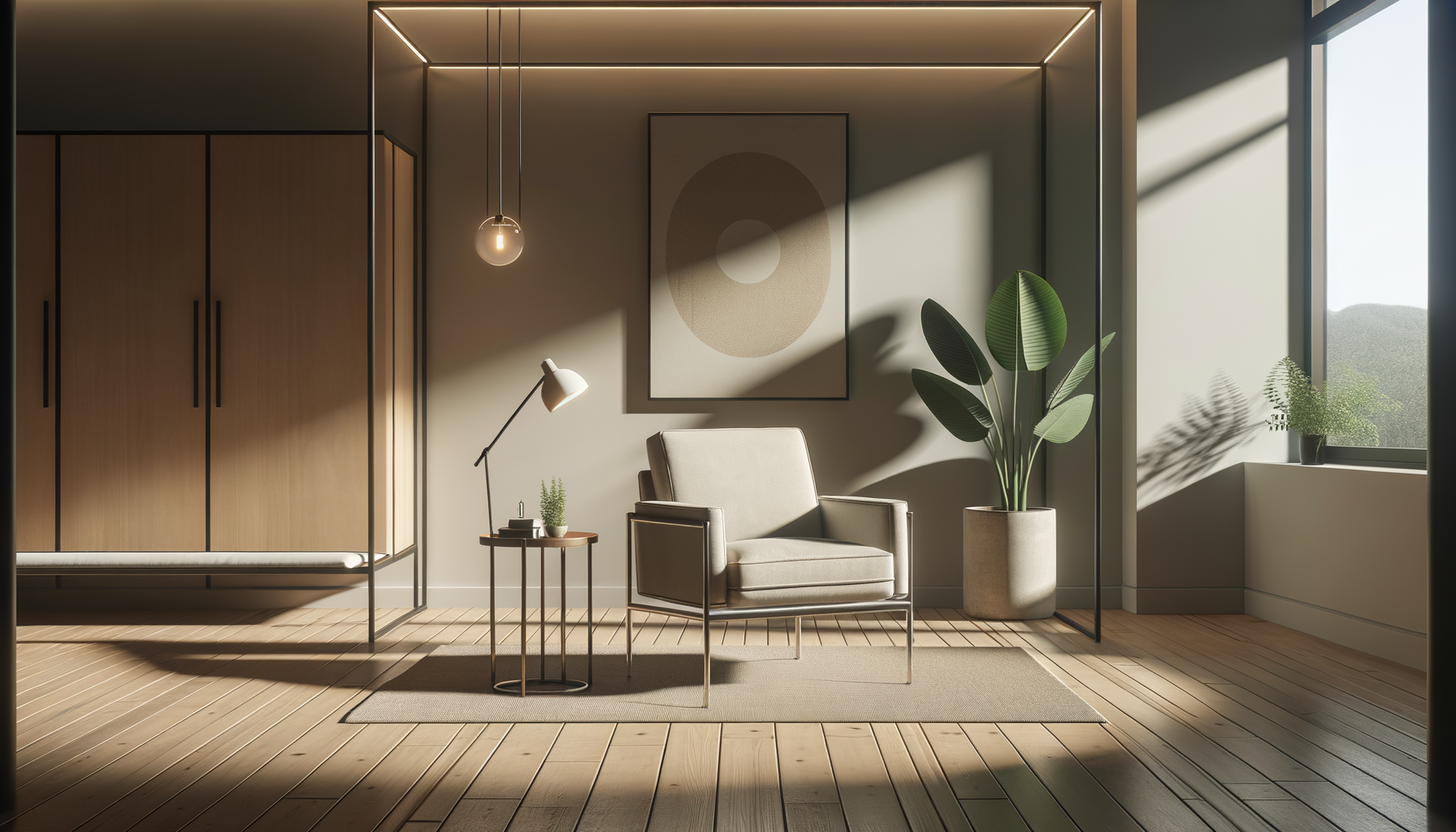 A living room with a chair , table , lamp and potted plant.