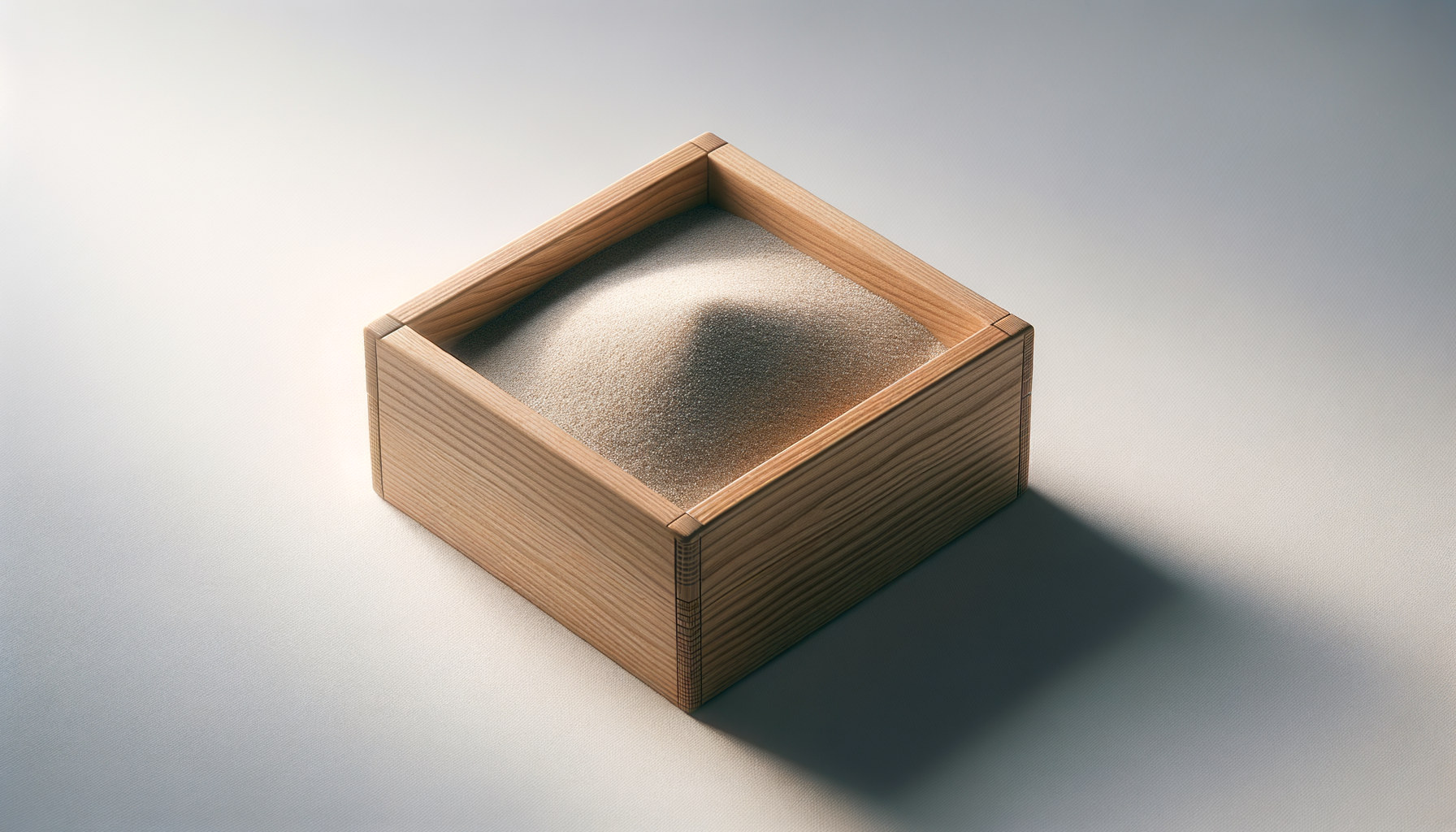 A wooden box filled with sand on a white surface.
