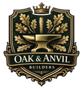 Oak and Anvil Builders logo with gold anvil, oak leaves, and crown on dark background