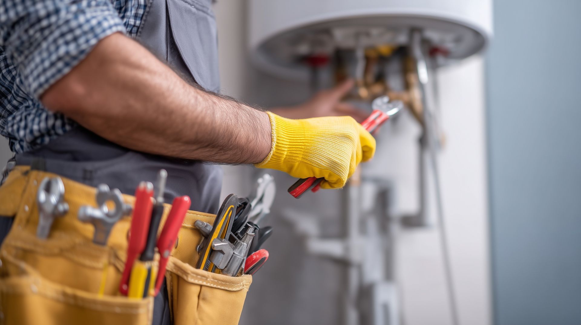 Plumber repairing or servicing a residential water heater with tools and equipment Plumber repairing or servicing a residential water heater with tools and equipment
