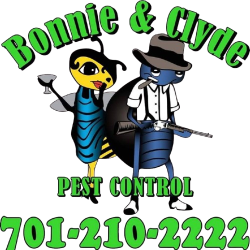 Bonnie & Clyde Pest Control logo: cartoon bee with cocktail and cockroach with a gun, phone number.