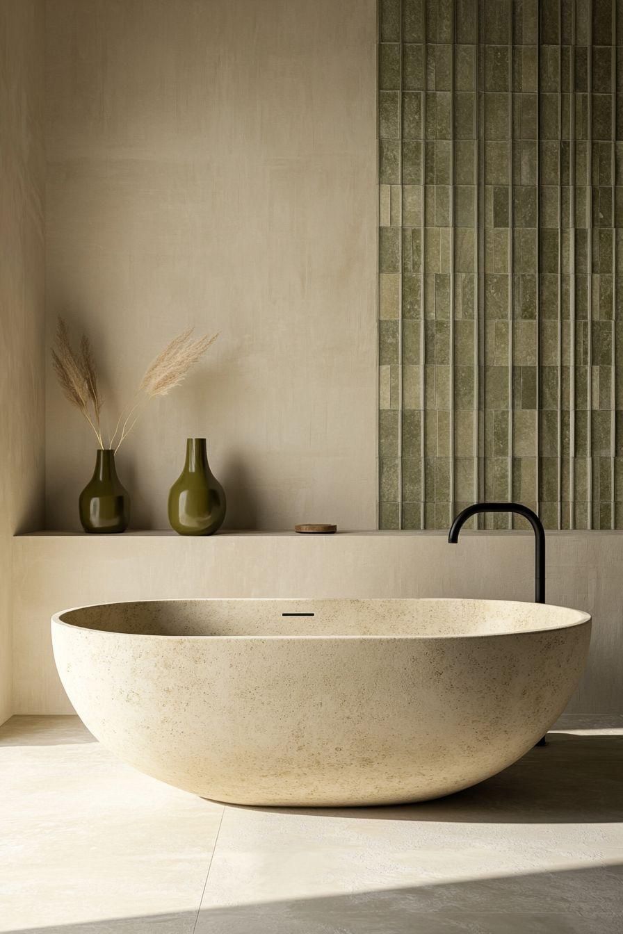 Een moderne badkamer met een stenen badkuip en een olijfgroene tegelwand. Beige en groene tinten.