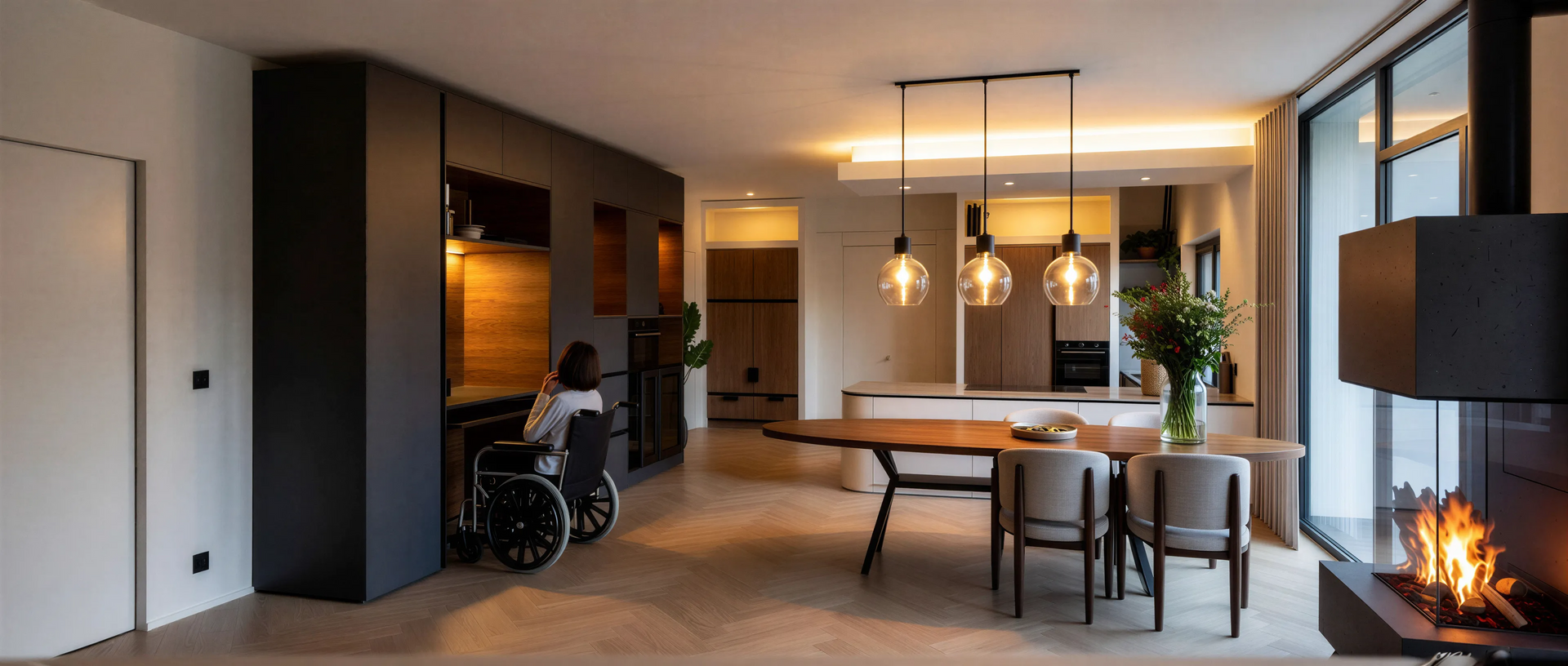 Ruime woonkamer, geschikt voor een persoon in een rolstoel. Keuken en open haard zichtbaar.