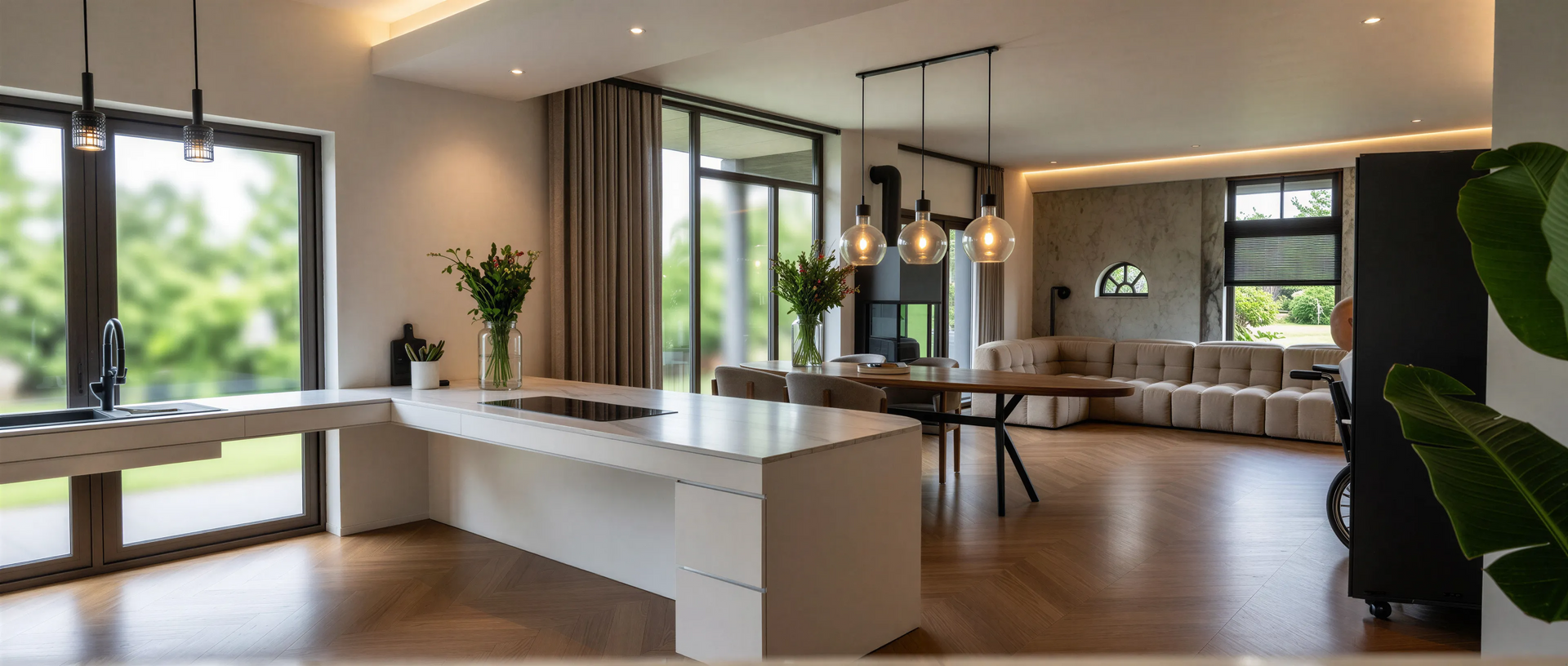 Moderne keuken met een groot kookeiland en eethoek, voorzien van glazen ramen en uitzicht op het groen.