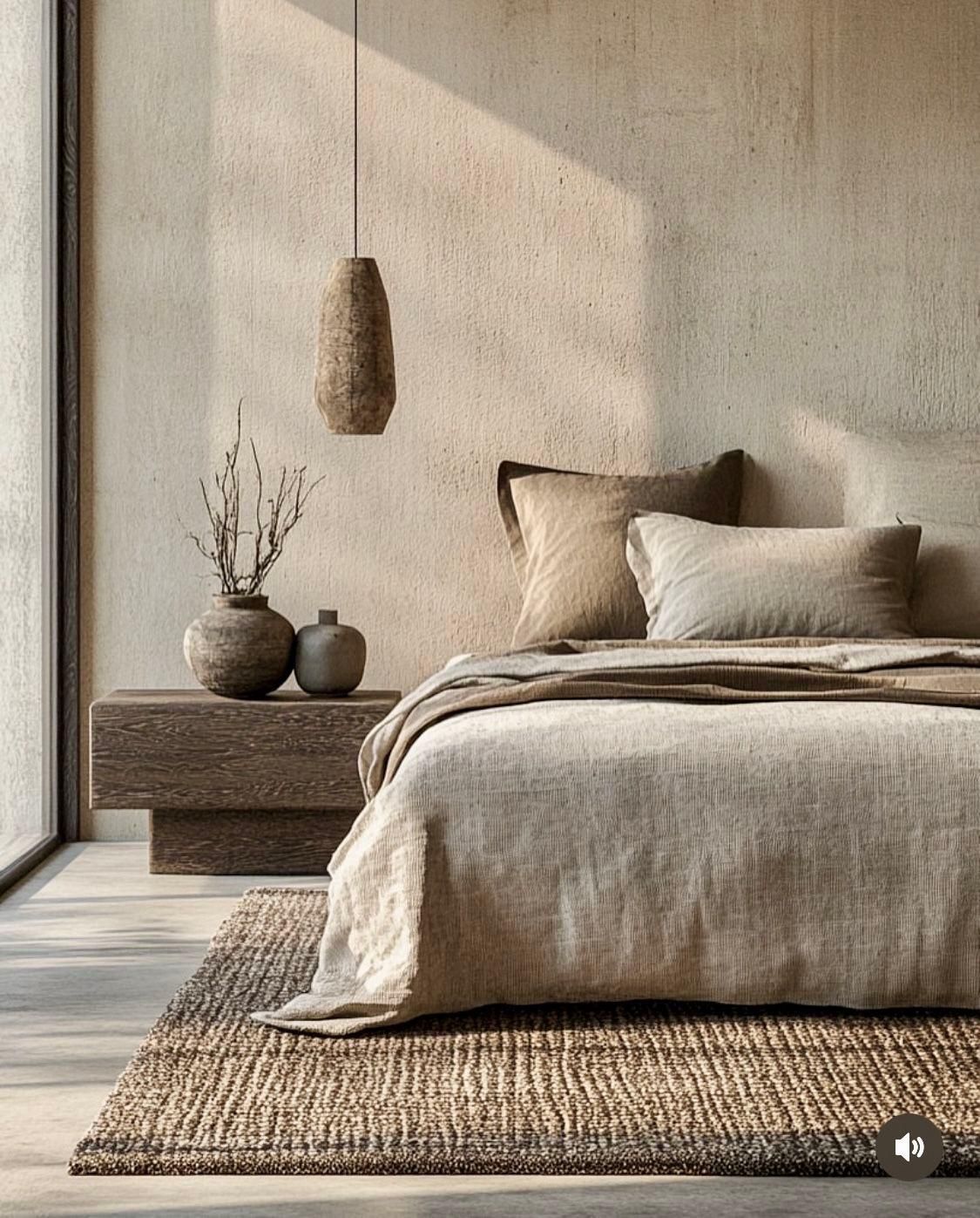 Slaapkamer met neutrale tinten, een betonnen muur, een geweven vloerkleed en een hanglamp.