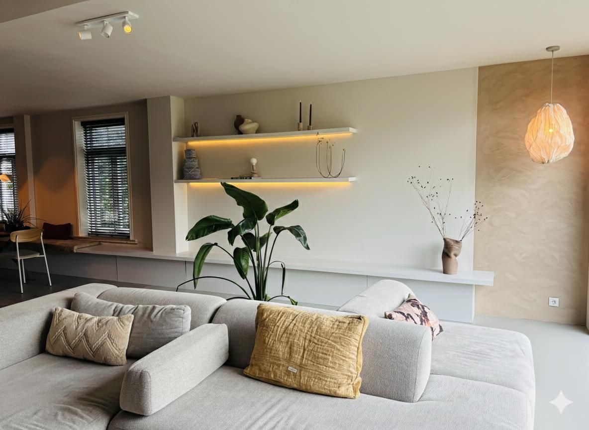 Moderne woonkamer met hoekbank, planken en plant. Neutrale tinten met sierkussens.