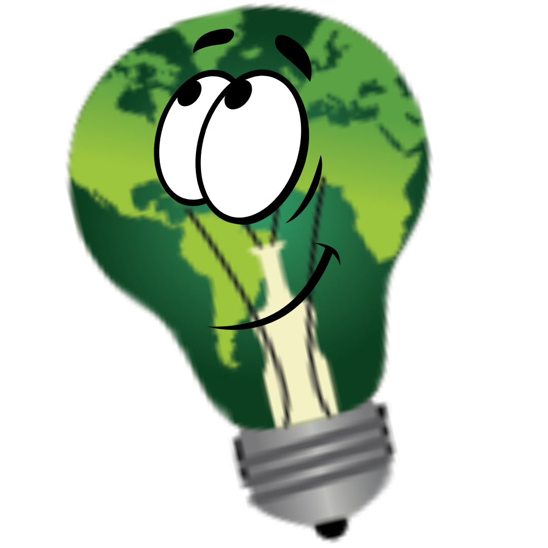 A green light bulb with a cartoon face on it