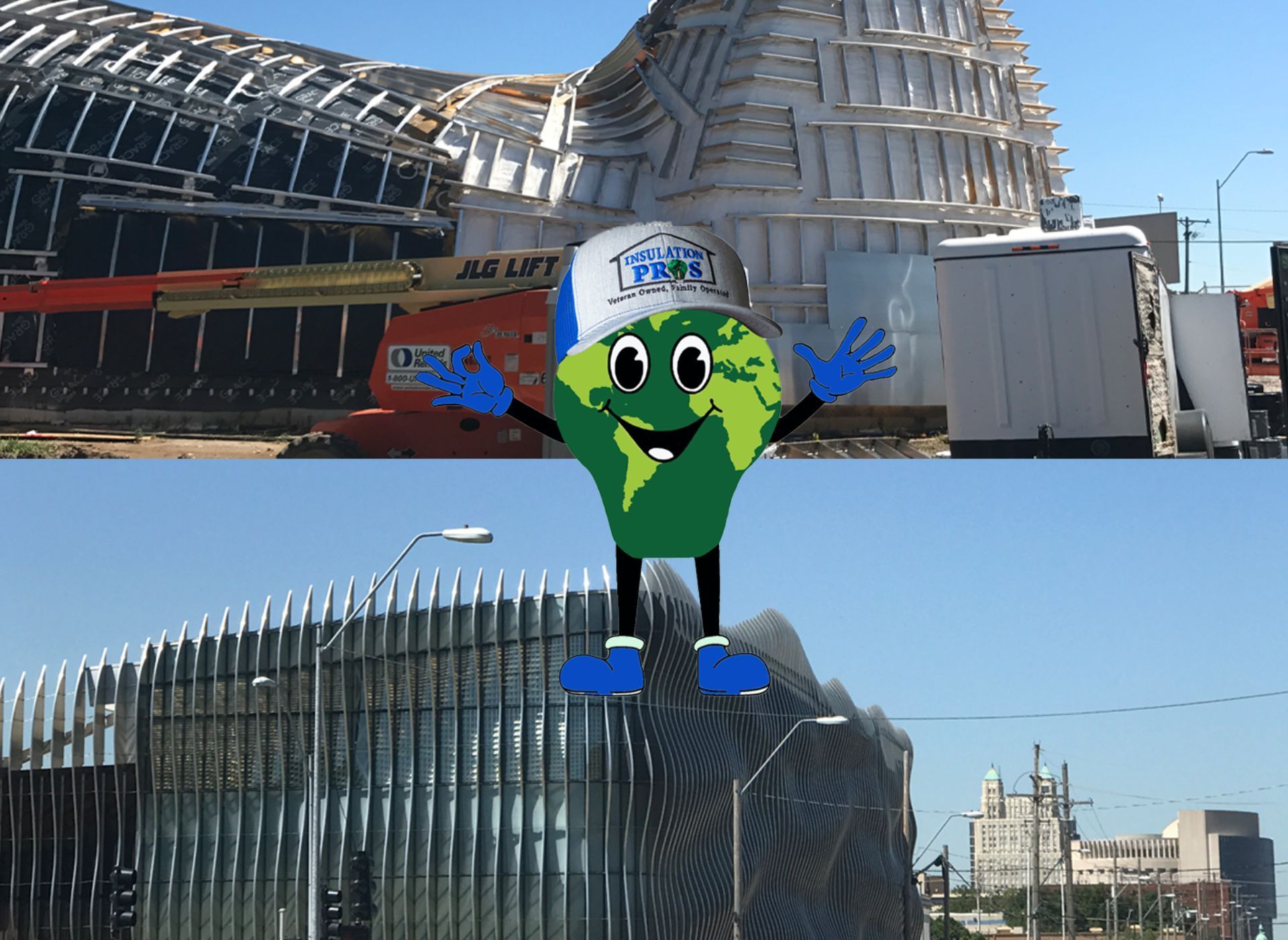 A cartoon character with arms and legs is standing in front of a building under construction