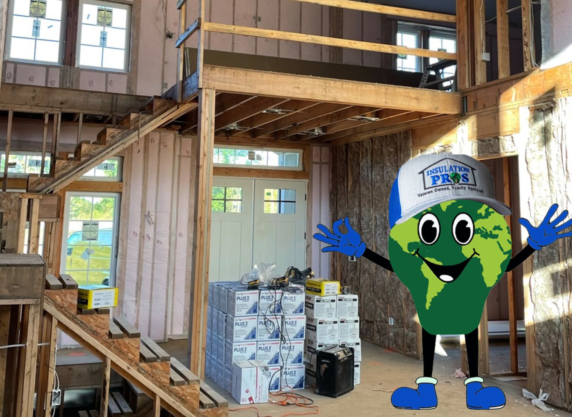 A cartoon character is standing in a house under construction.