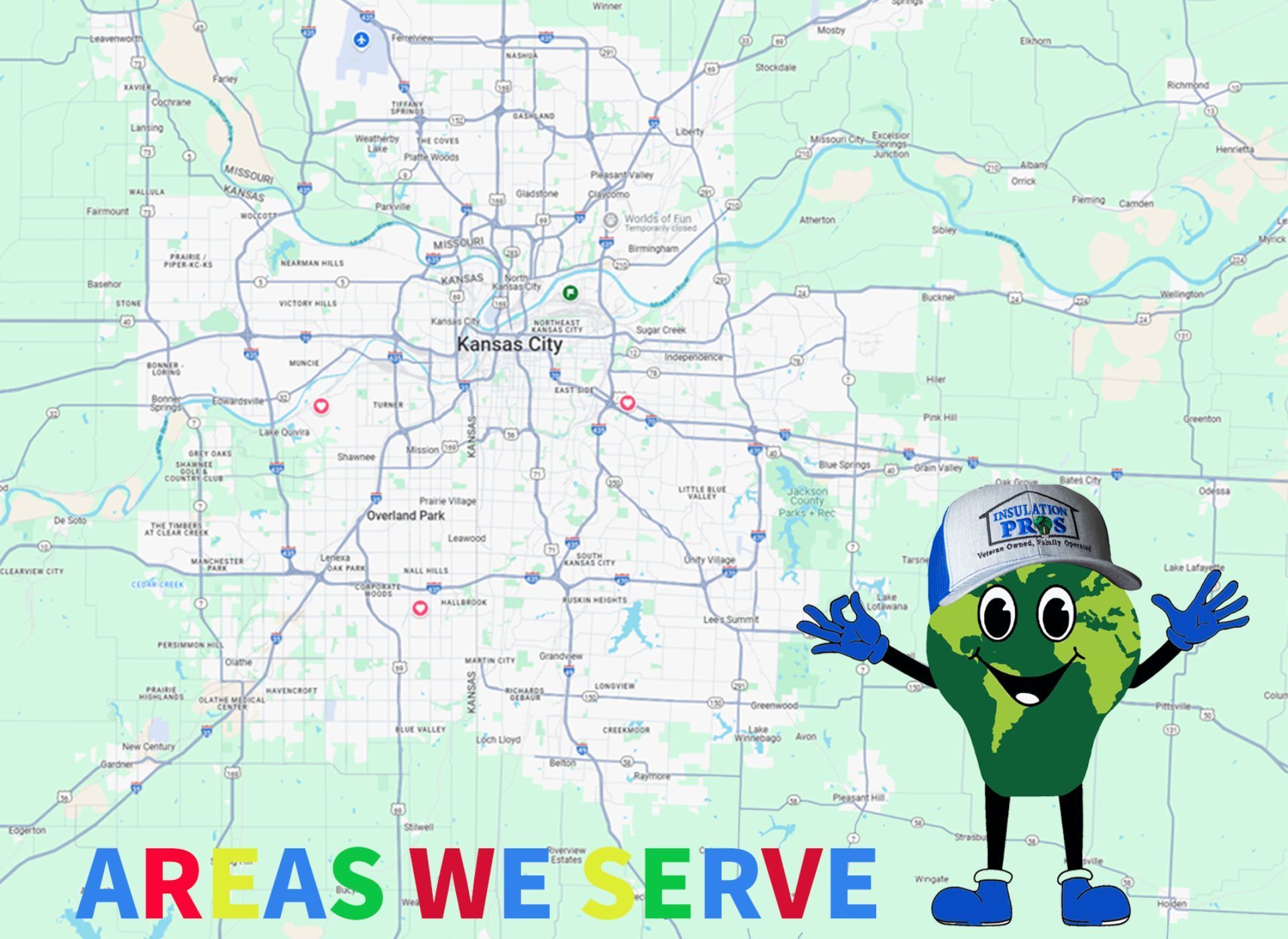 A map of areas we serve with a mascot in front of it.