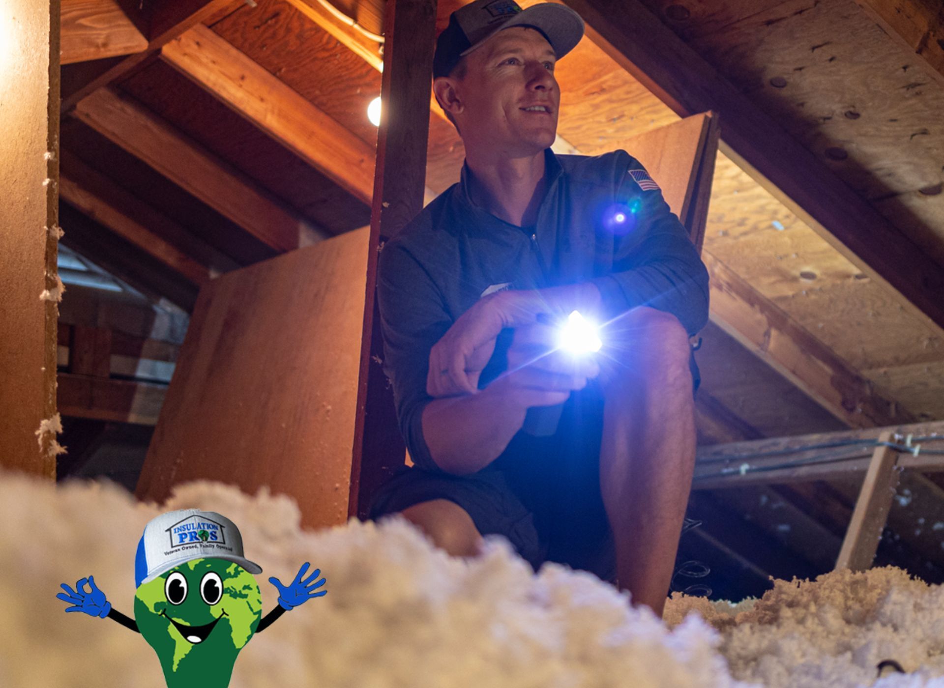 A man is sitting in an attic holding a flashlight.