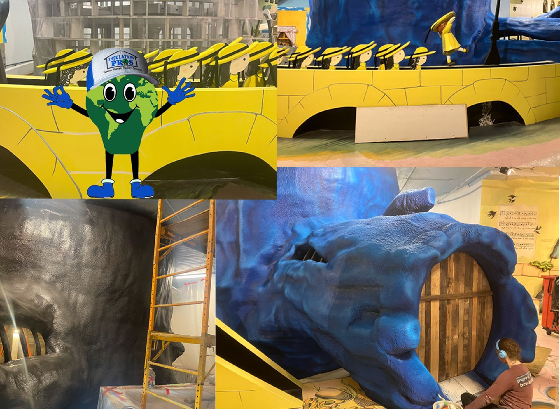 A collage of images shows a cartoon character and a large blue object
