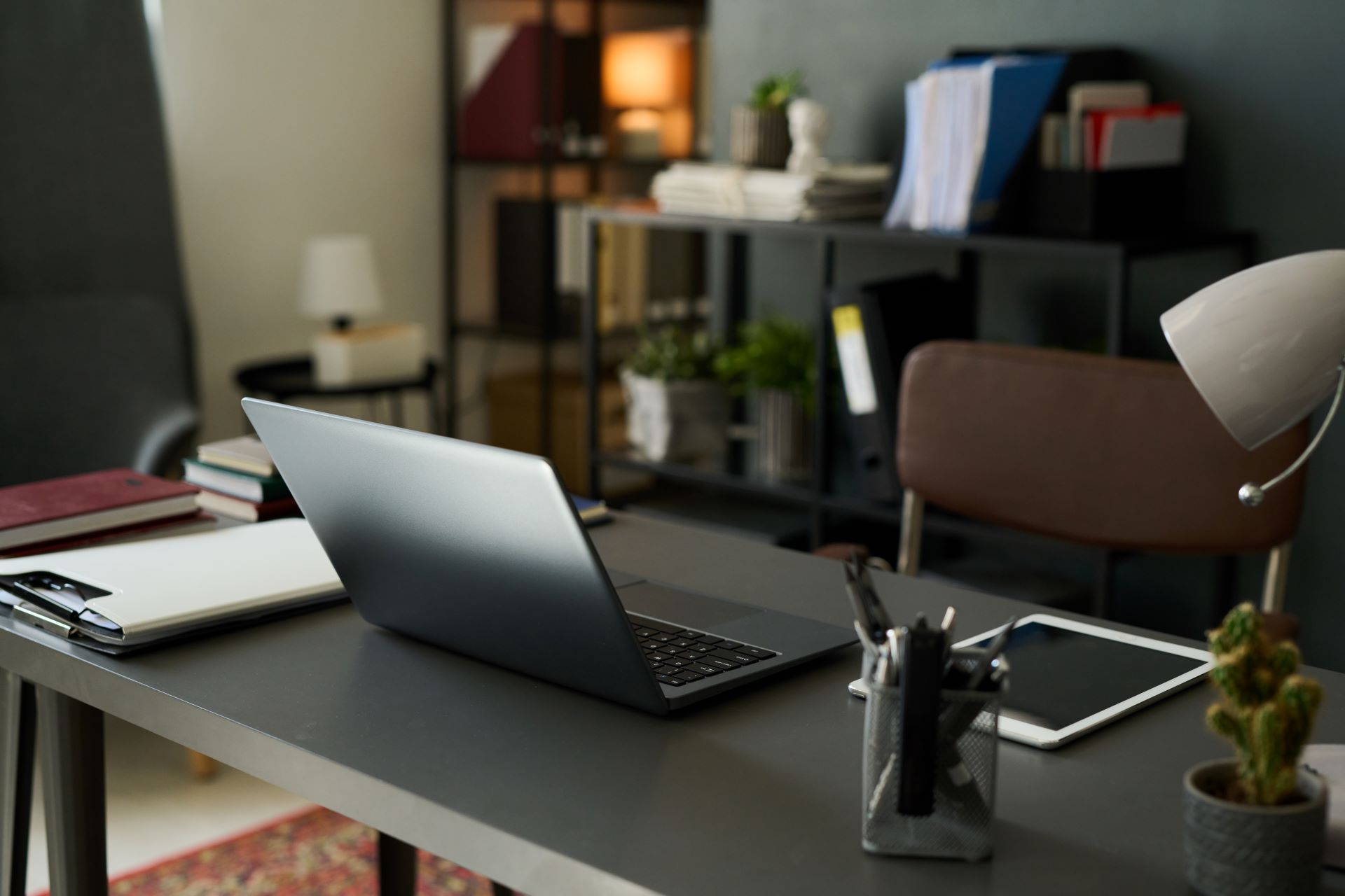 Laptop on a desk, office setting with lamp, files, and a small cactus.
