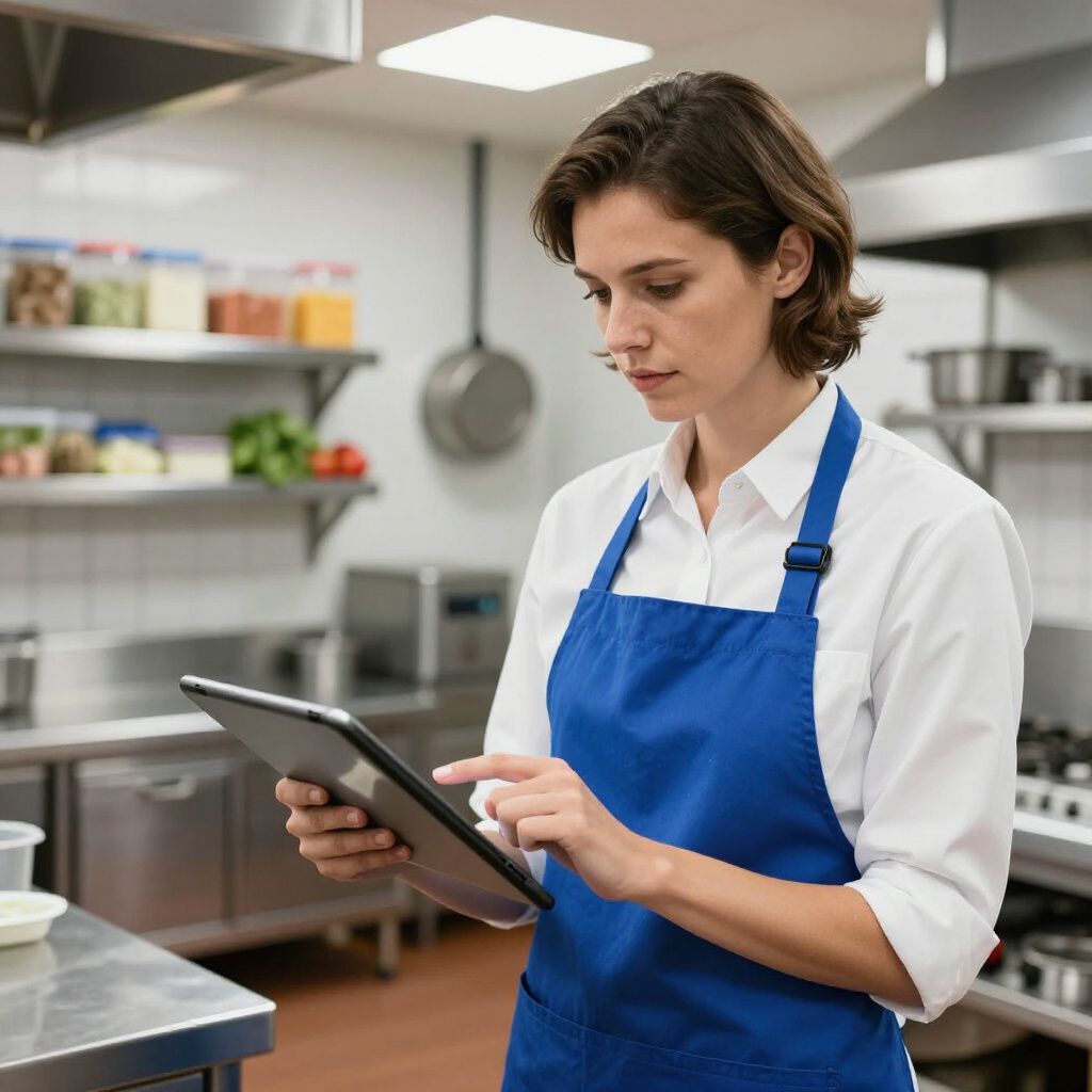 Woman in blue apron uses a tablet in a commercial kitchen.