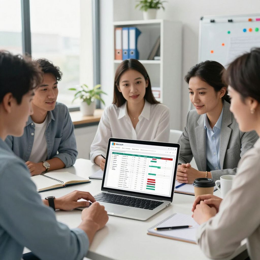Five people around a table looking at a laptop screen with data, in an office setting.