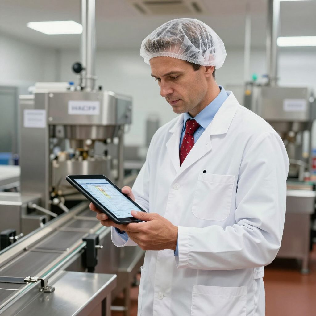 A professional in a white lab coat and hairnet reviewing data on a tablet in a food processing facility.