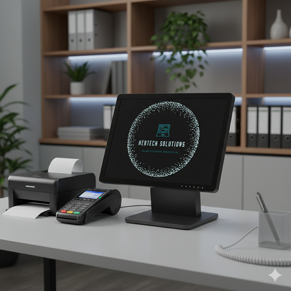 Modern office desk with laptop and technology devices for small business.