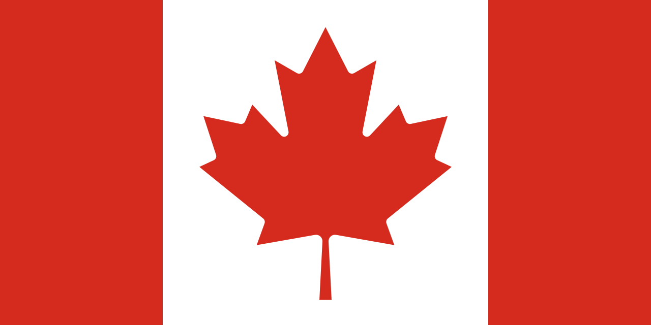Canadian flag: red bars on the left and right, white center with a red maple leaf.