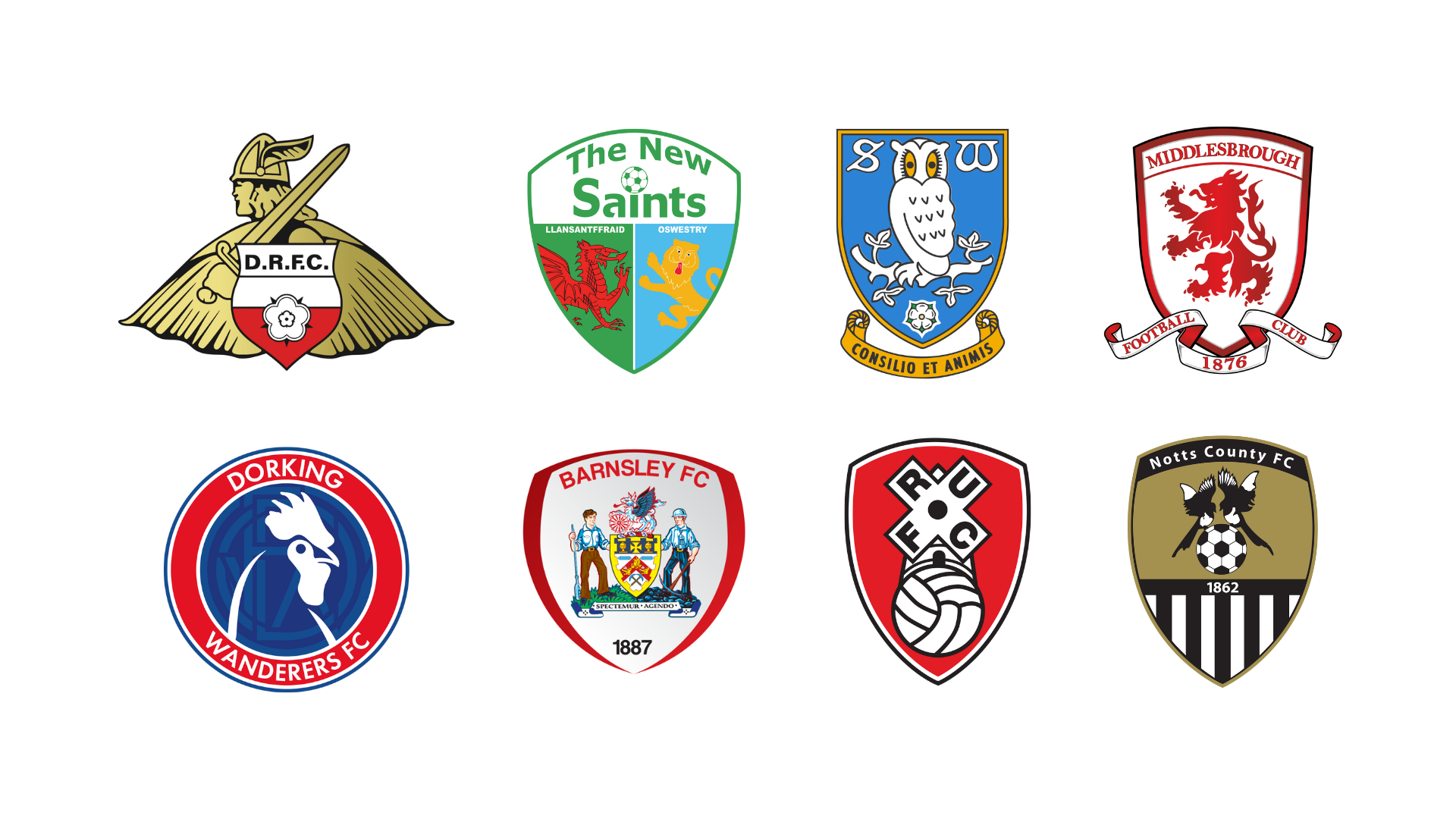 Eight soccer team crests, featuring various symbols, colors, and text.