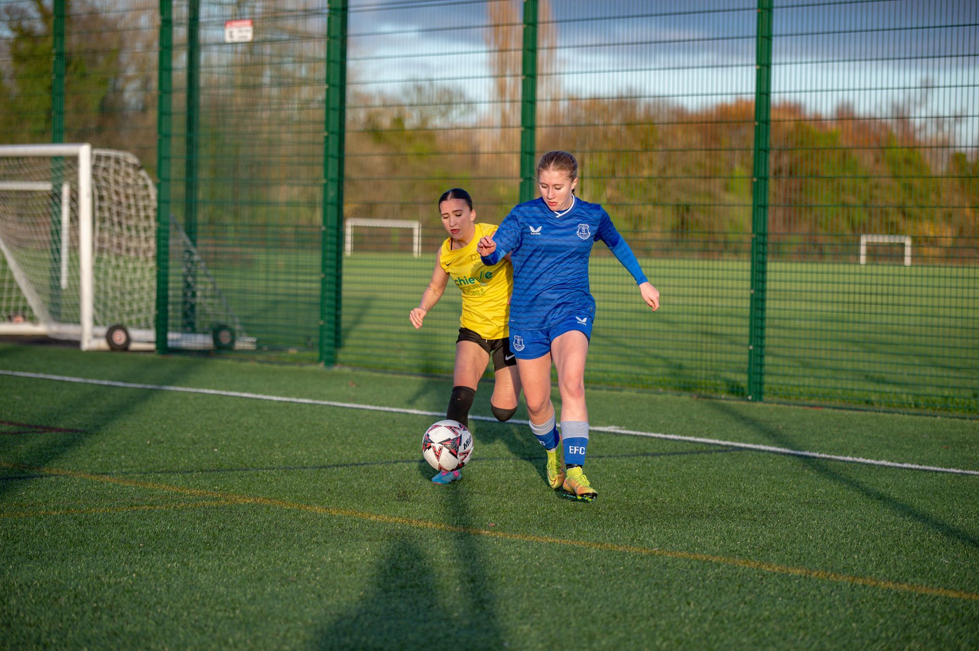Two soccer players on a green field: one in blue, dribbling the ball; the other in yellow, defending.