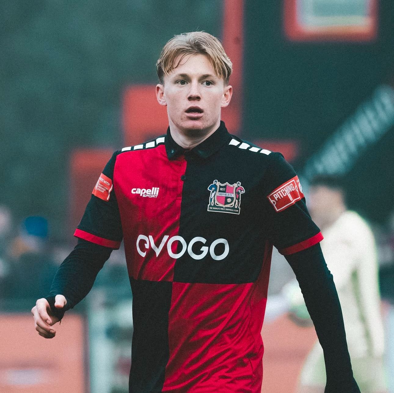 Wooden chair with blue cushion and green backrest.