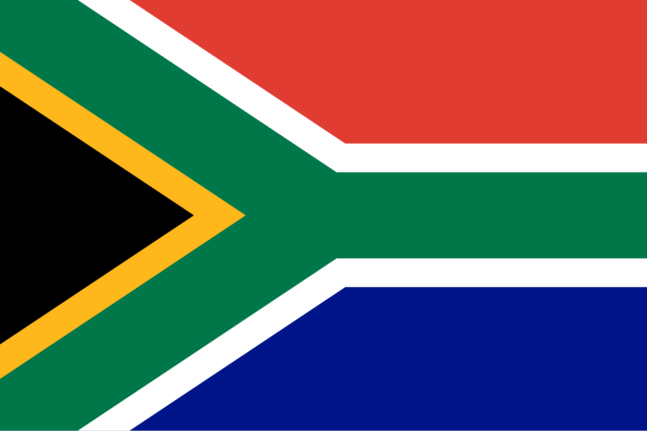 South African flag with red, white, blue, green, black, and gold stripes and chevrons.