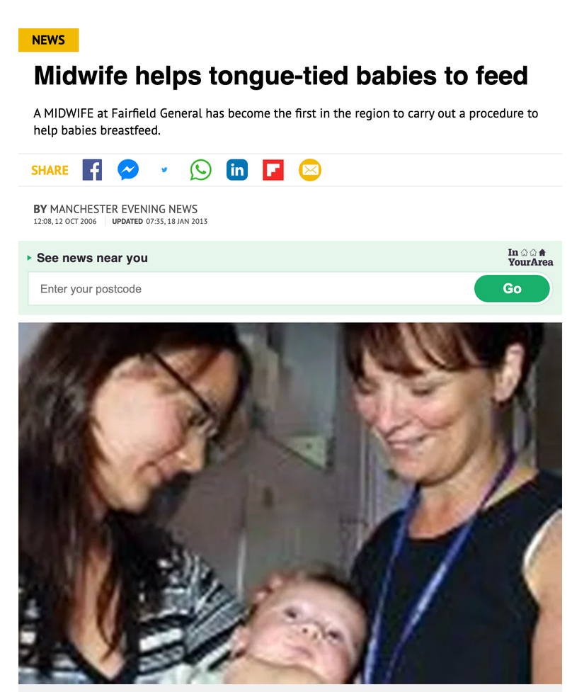 a screenshot of a news article about a midwife helping tongue-tied babies to feed .