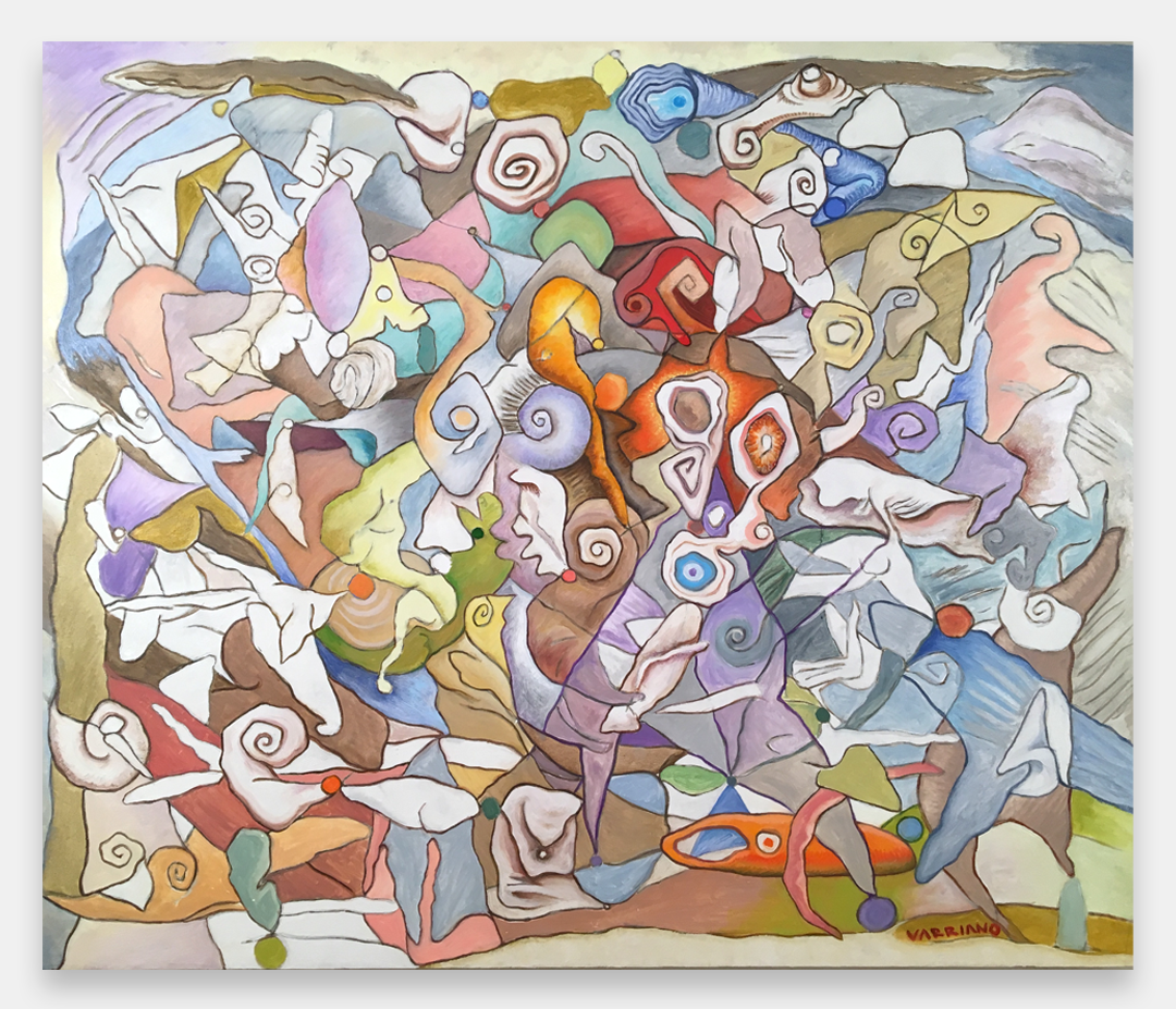 photo of artist John Varriano standing in front of one of his new abstract warrior  oil paintings