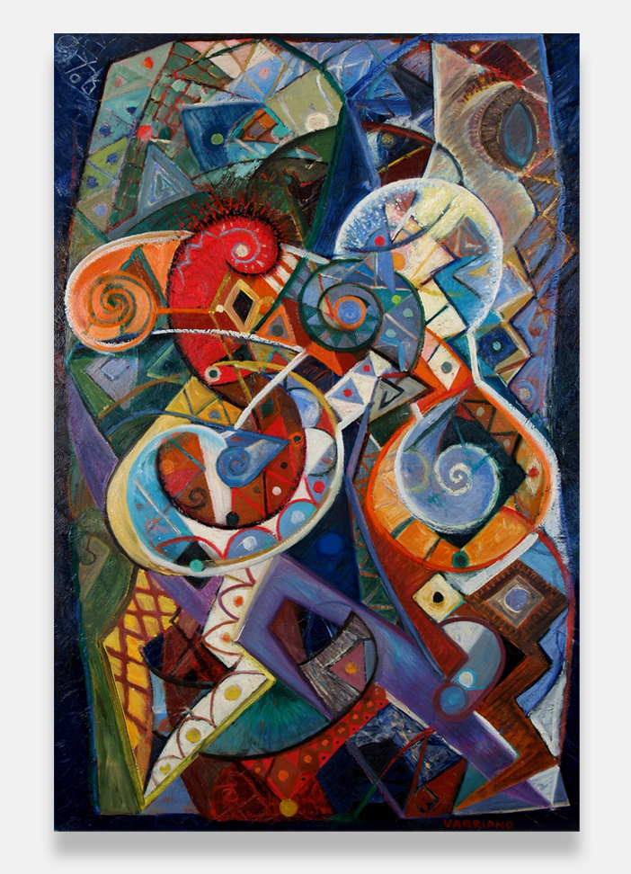 photo of artist John Varriano standing in front of one of his new abstract warrior  oil paintings