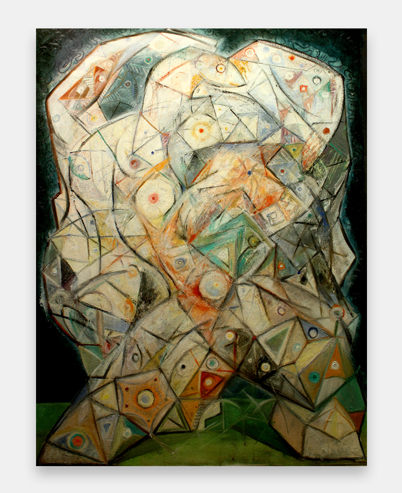 photo of artist John Varriano standing in front of one of his new abstract warrior  oil paintings