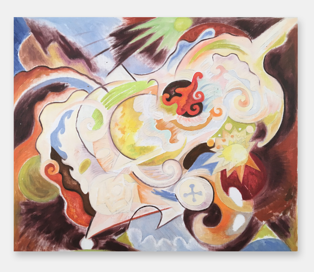 photo of artist John Varriano standing in front of one of his new abstract warrior  oil paintings