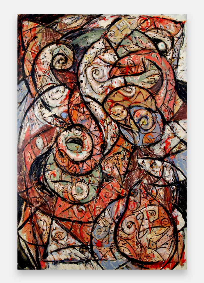 photo of artist John Varriano standing in front of one of his new abstract warrior  oil paintings