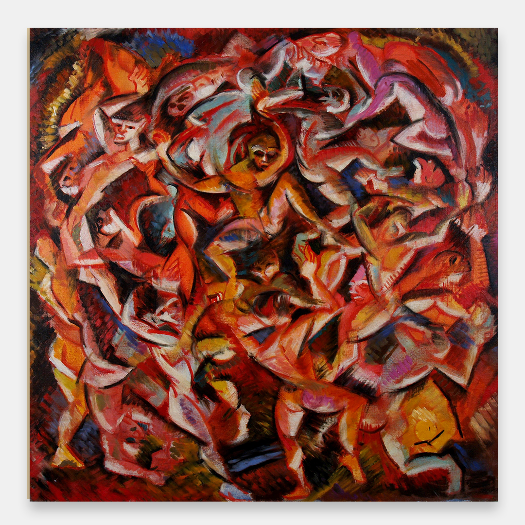 photo of artist John Varriano standing in front of one of his new abstract warrior  oil paintings