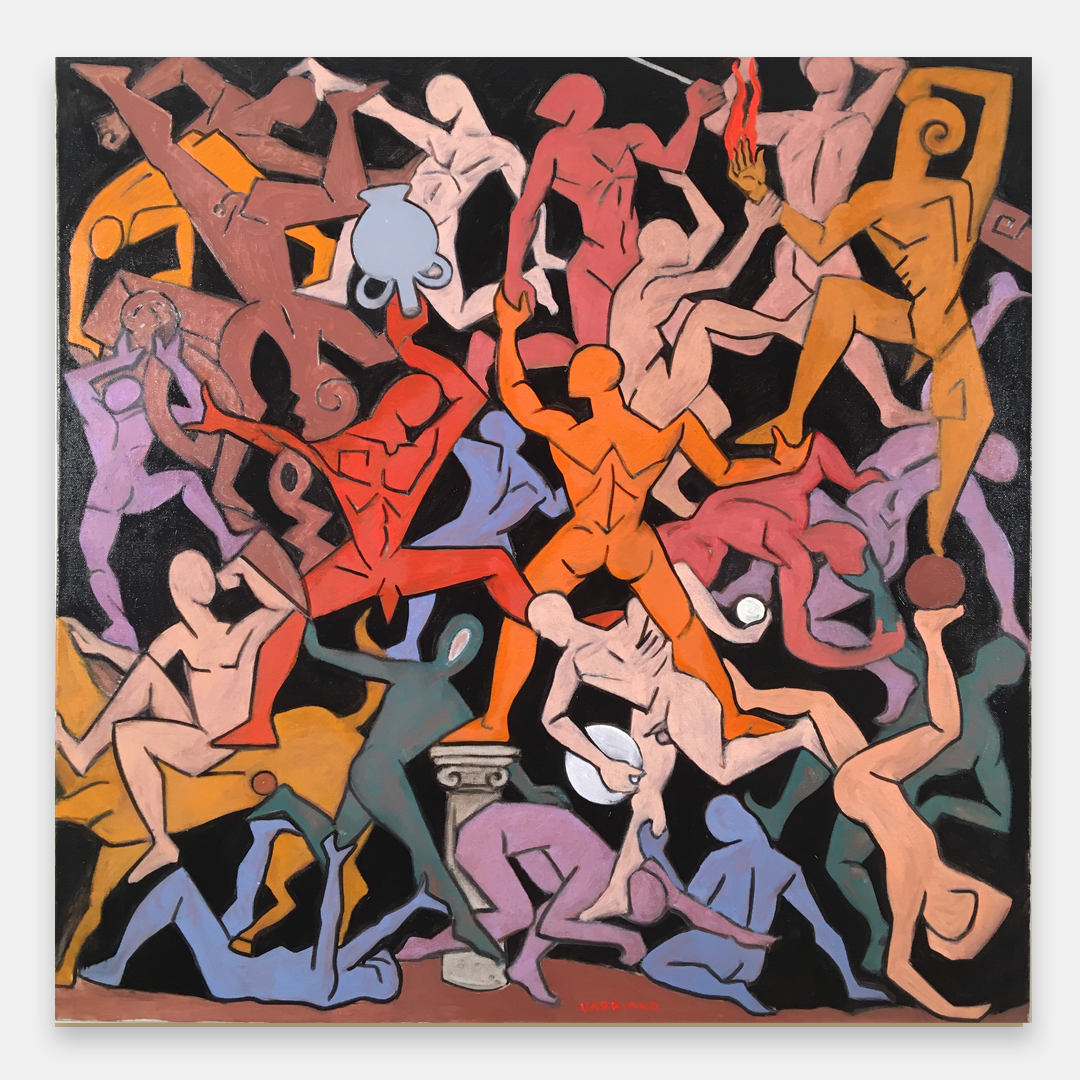 photo of artist John Varriano standing in front of one of his new abstract warrior  oil paintings