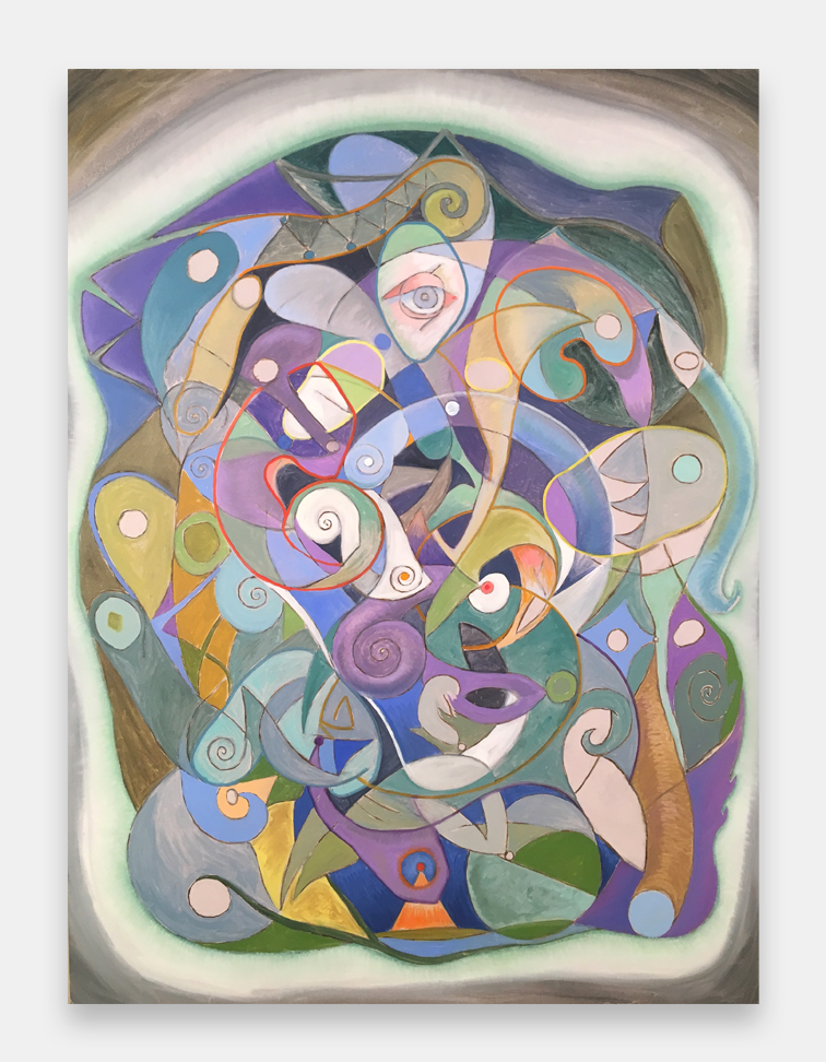 photo of artist John Varriano standing in front of one of his new abstract warrior  oil paintings