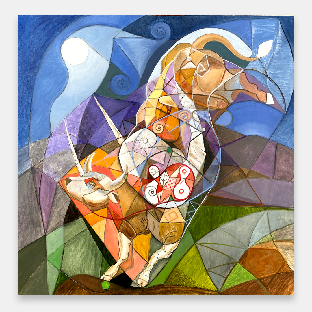 photo of artist John Varriano standing in front of one of his new abstract warrior  oil paintings