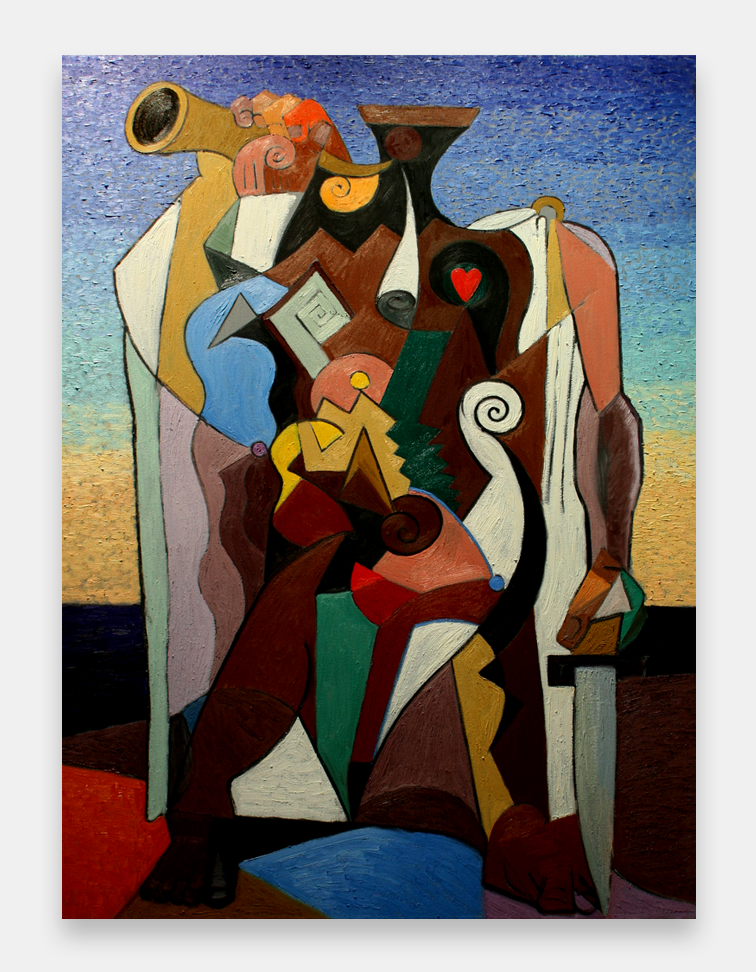 photo of artist John Varriano standing in front of one of his new abstract warrior  oil paintings