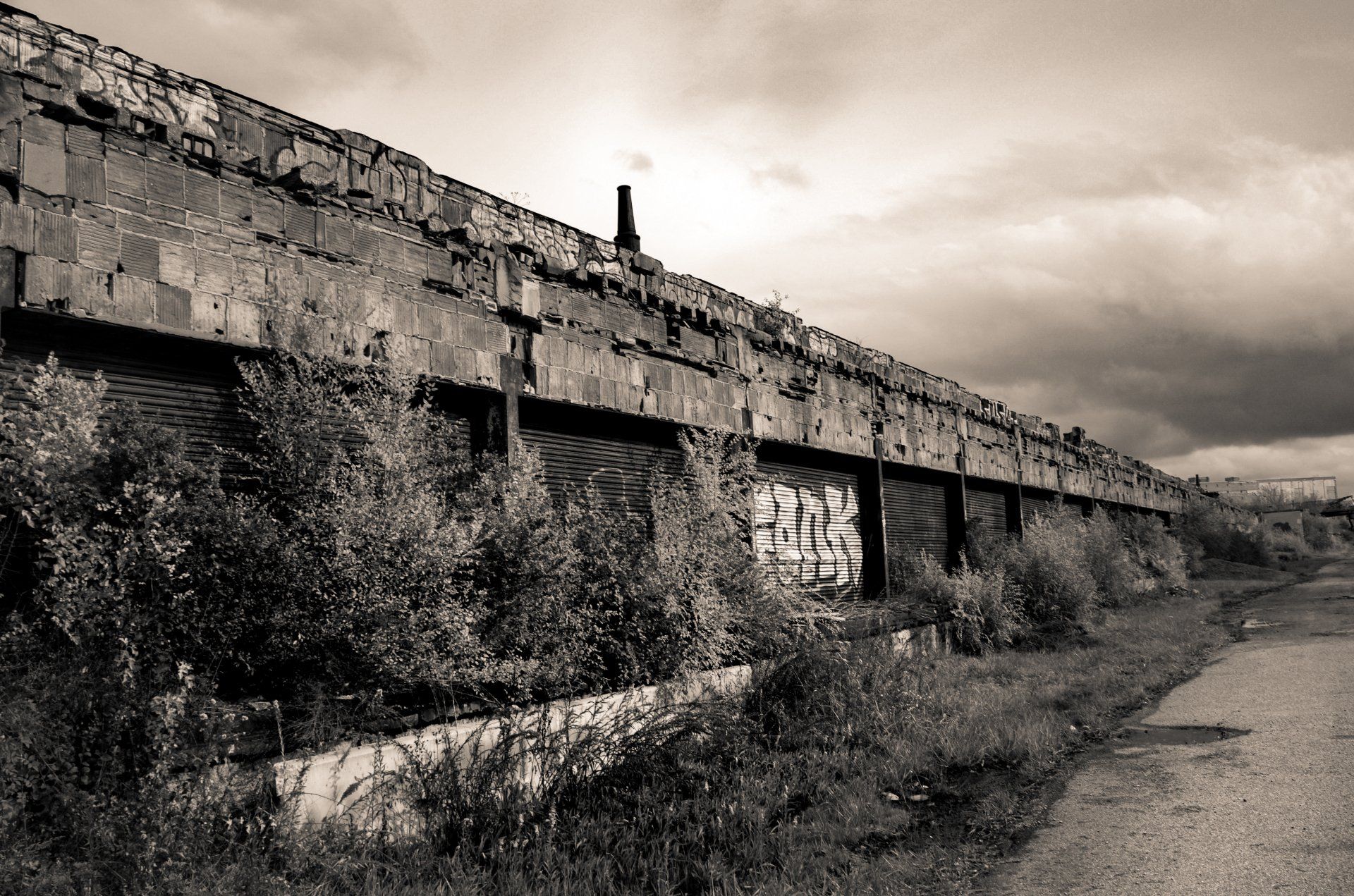 A black and white photo of a brick wall