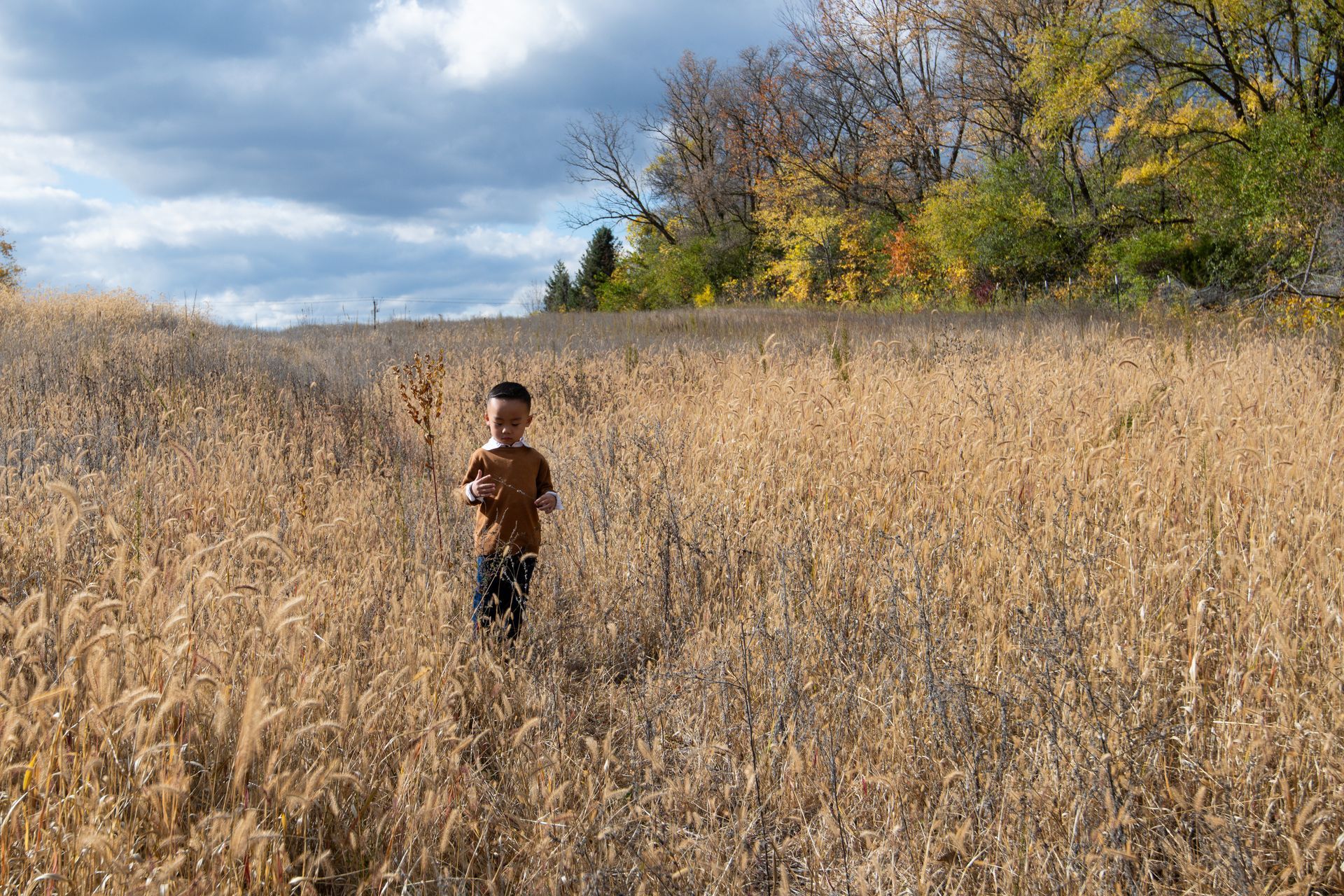 A young boy is running through a field of tall grass