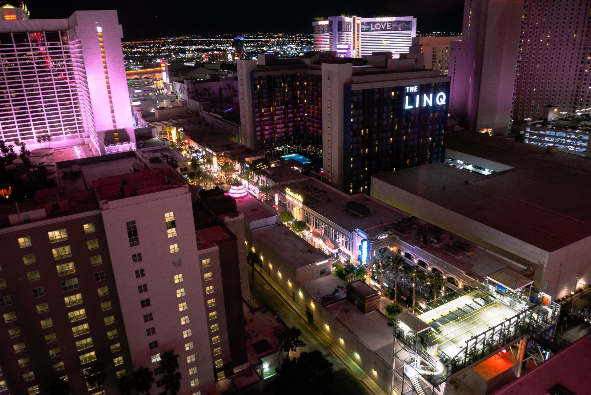 An aerial view of the linq hotel at night