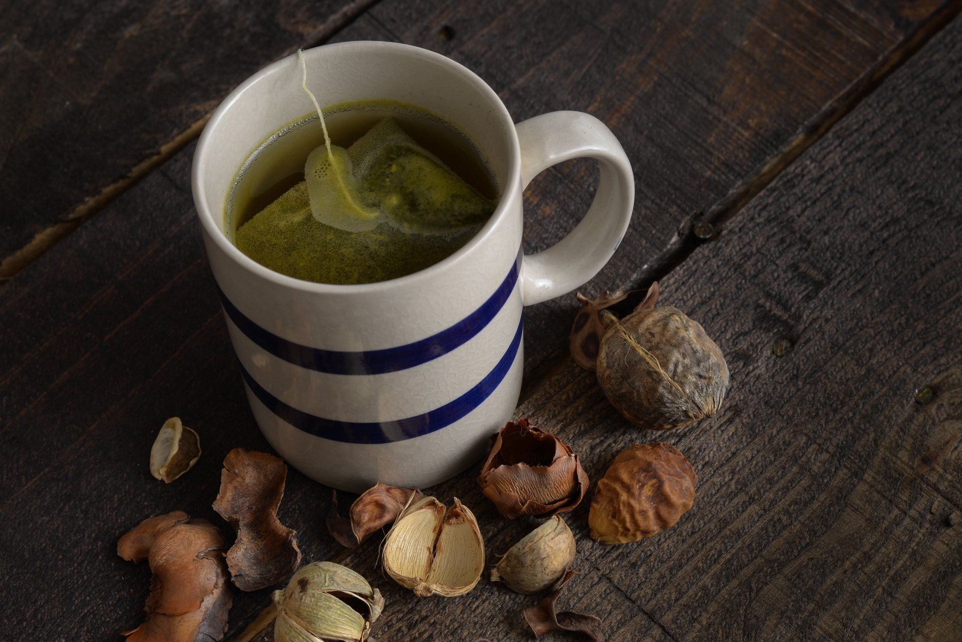 A cup of green tea is on a wooden table