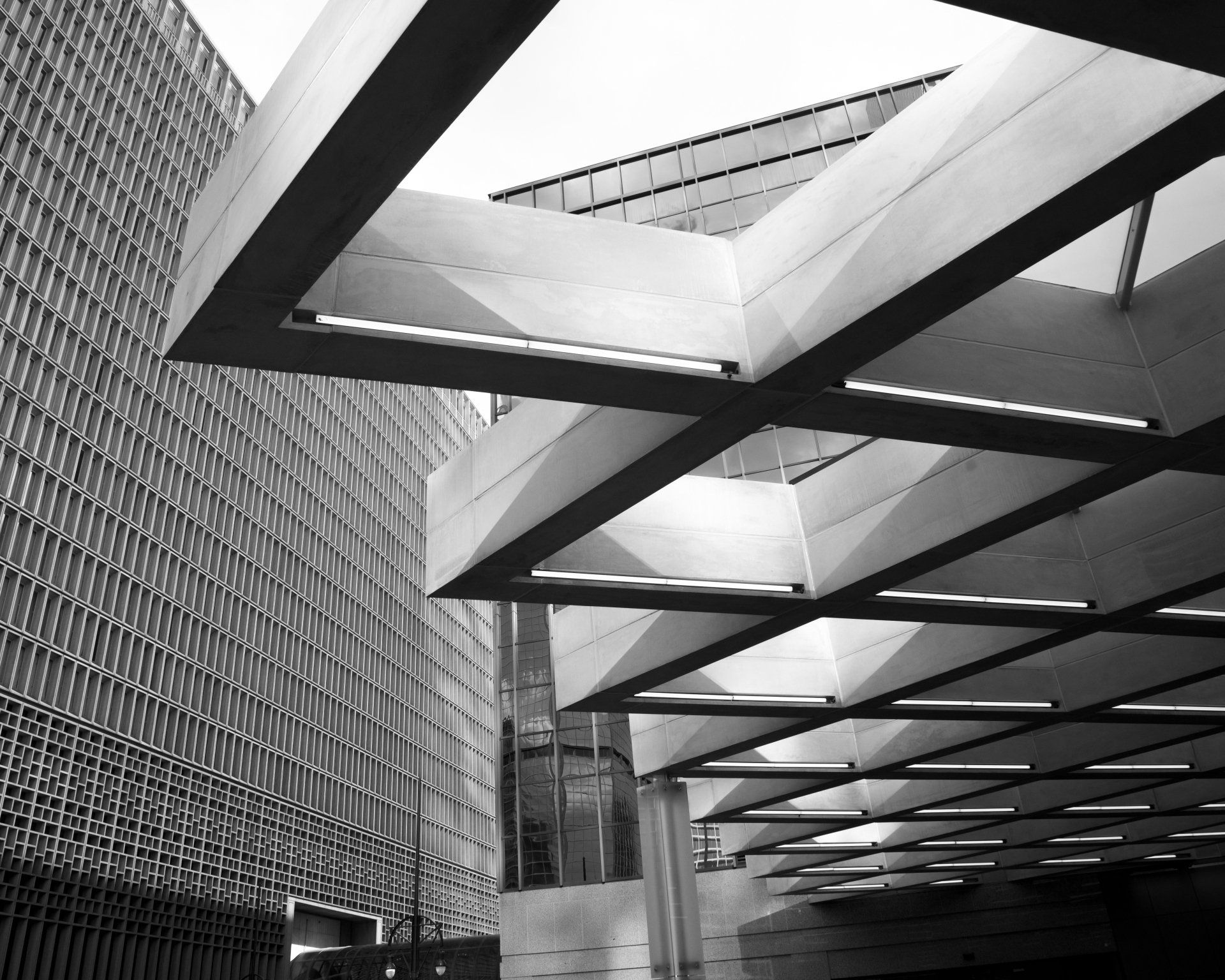 A black and white photo of the inside of a building