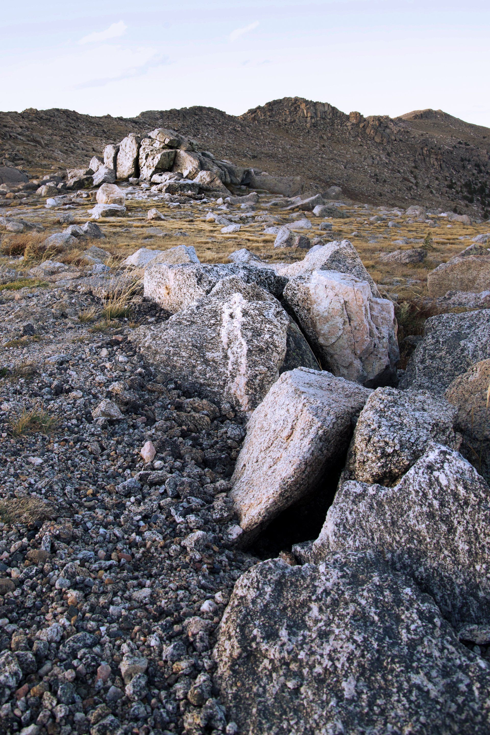 A pile of rocks in a field with mountains in the background