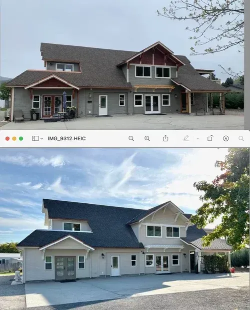 Comparison of a two-story building before and after renovations. Gray siding, dark roof, sunny setting.