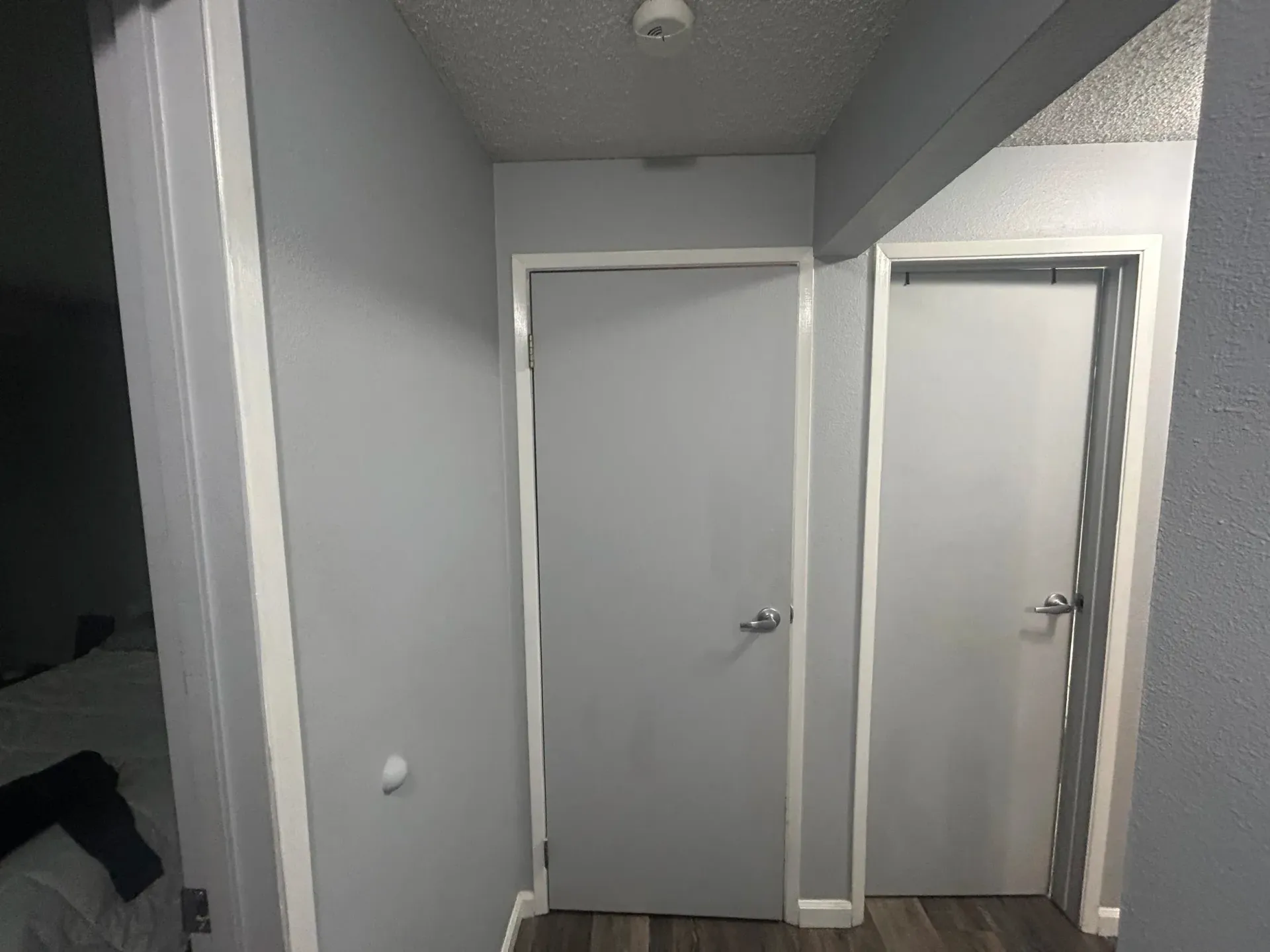 Hallway with two gray doors, gray walls, and a glimpse of a bedroom to the left.