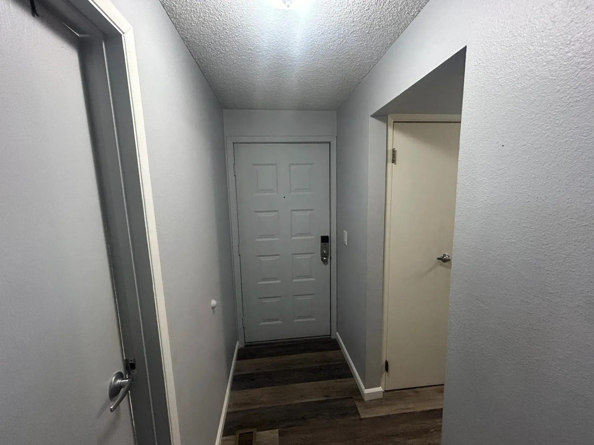 Narrow hallway with gray walls, two white doors, and a dark wood floor.